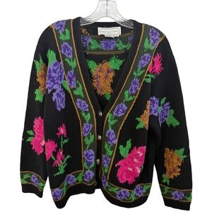 Adrienne‎ Vittadini Floral Knit Cardigan Black Ramie Cotton Art to Wear Size M
